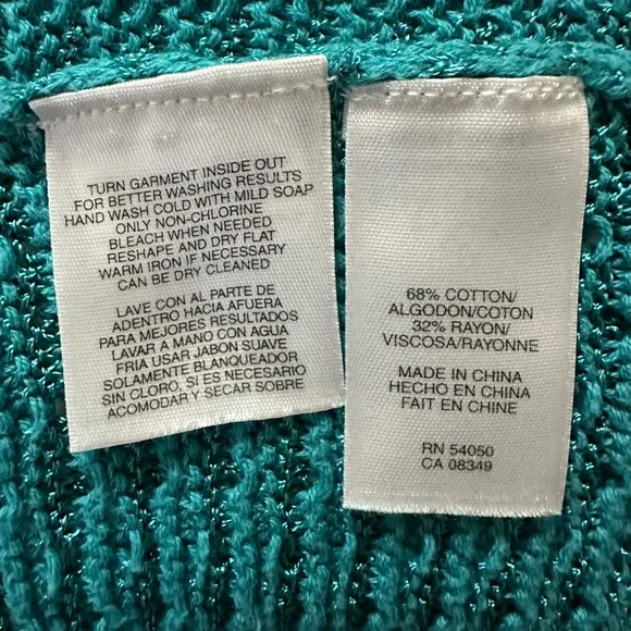 Jones New York Turquoise OpenWeave Cotton Blend Sleeveless Cardigan Vest, Size M - Picture 7 of 7
